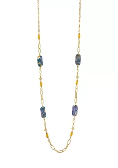 Gold Tone Long Linked with Teal Multi Rectangular Lucite Stations Necklace