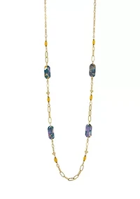 Gold Tone Long Linked with Teal Multi Rectangular Lucite Stations Necklace