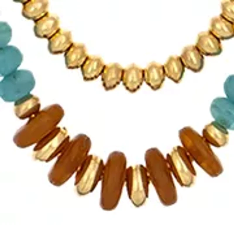 Gold-Tone 2-Row Long with Teal and Multi Neutral Bead Stations Necklace 