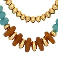 Gold-Tone 2-Row Long with Teal and Multi Neutral Bead Stations Necklace 