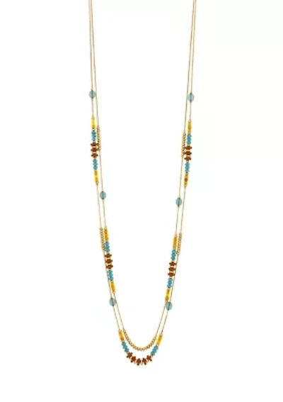 Gold-Tone 2-Row Long with Teal and Multi Neutral Bead Stations Necklace 