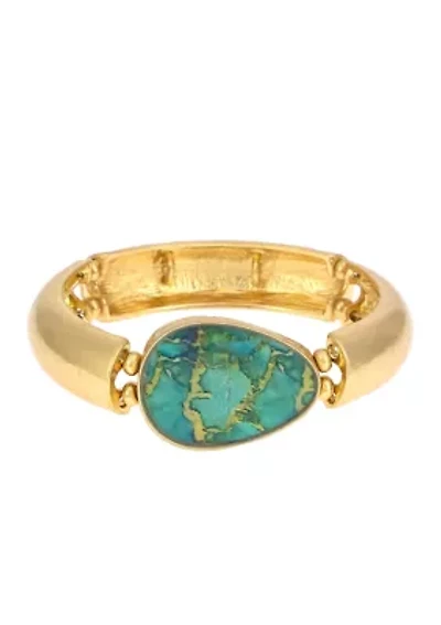 Gold Tone Stretch Bangle with Teal Multi Stone Center Accent Bracelet