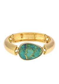 Gold Tone Stretch Bangle with Teal Multi Stone Center Accent Bracelet