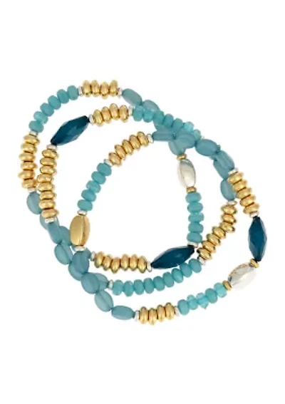 Two Tone 3 Row Teal Multi Beaded Stretch Bracelet Set