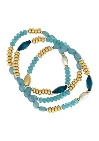 Two Tone 3 Row Teal Multi Beaded Stretch Bracelet Set