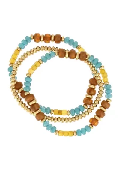 Gold Tone 3 Row Teal and Multi Neutral Beaded Stretch Bracelet Set