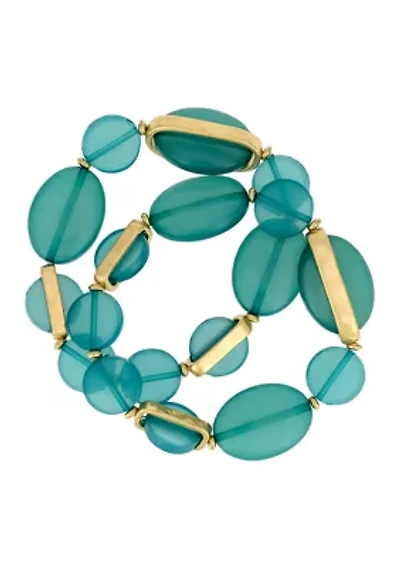 Gold Tone Two Row Teal Beaded Stretch Bracelet Set