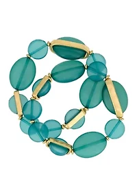 Gold Tone Two Row Teal Beaded Stretch Bracelet Set