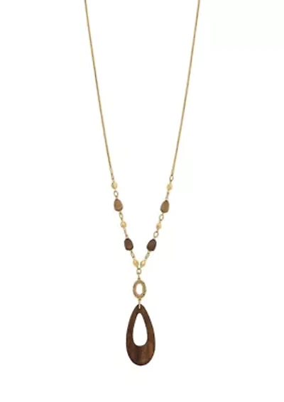 Elongated Wood Teardrop Pendant Necklace
