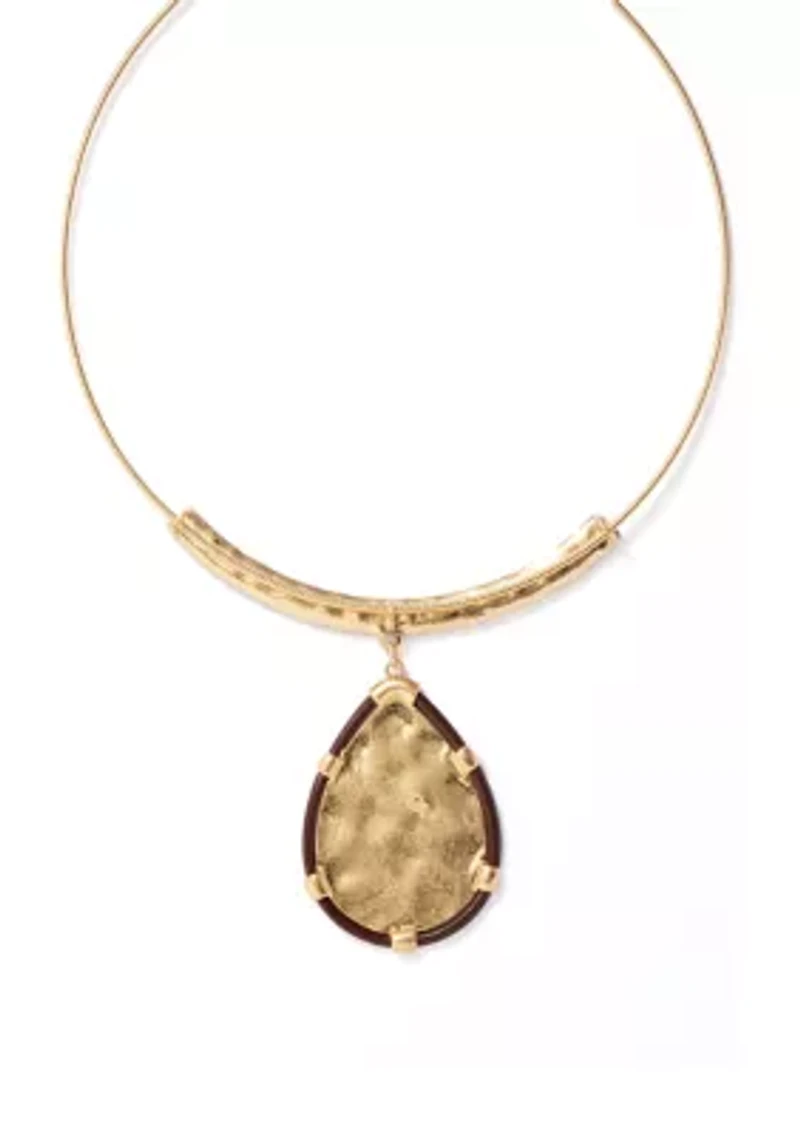 Neckwire Necklace with Brown Cord Framed Hammered Teardrop Pendant 