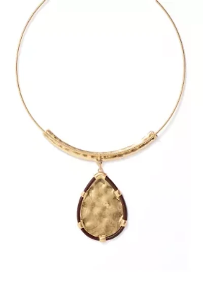 Neckwire Necklace with Brown Cord Framed Hammered Teardrop Pendant 