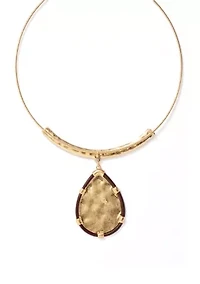 Neckwire Necklace with Brown Cord Framed Hammered Teardrop Pendant 