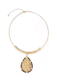 Neckwire Necklace with Brown Cord Framed Hammered Teardrop Pendant 