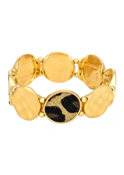 Leopard Print Hair Calf and Hammered Metal Disc Stretch Bracelet