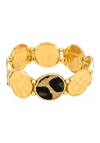 Leopard Print Hair Calf and Hammered Metal Disc Stretch Bracelet