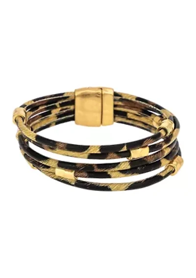 Golde Tone Multi Row Leopard Print Cord Bracelet