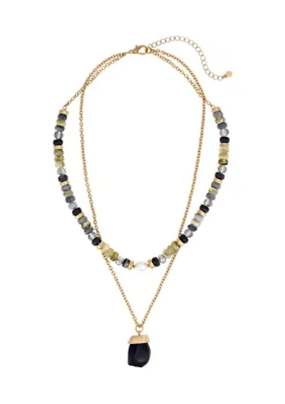 Stone Pendant Two Row Beaded Necklace