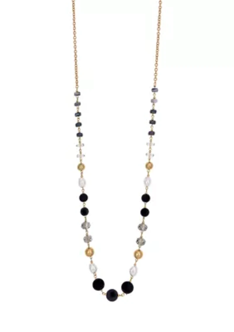 Long Gold Tone Linked Multi Bead Necklace