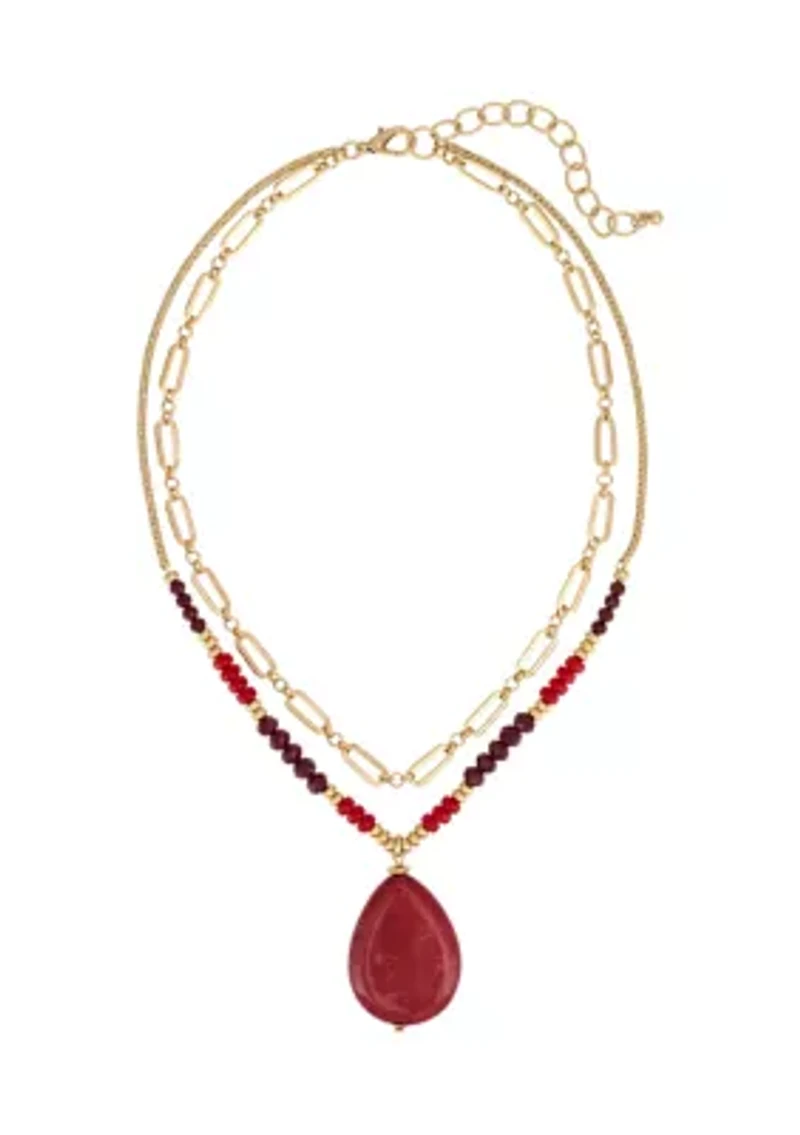 Beaded Crimson Pendant Multi Row Necklace