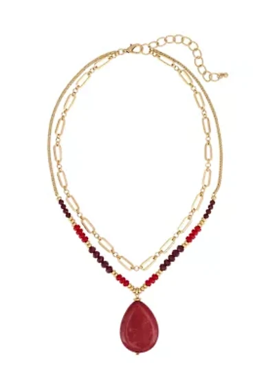 Beaded Crimson Pendant Multi Row Necklace