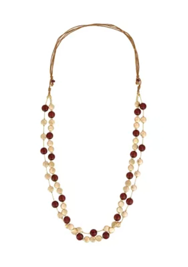 Burgundy Gold Tone Beaded Multi Row Necklace