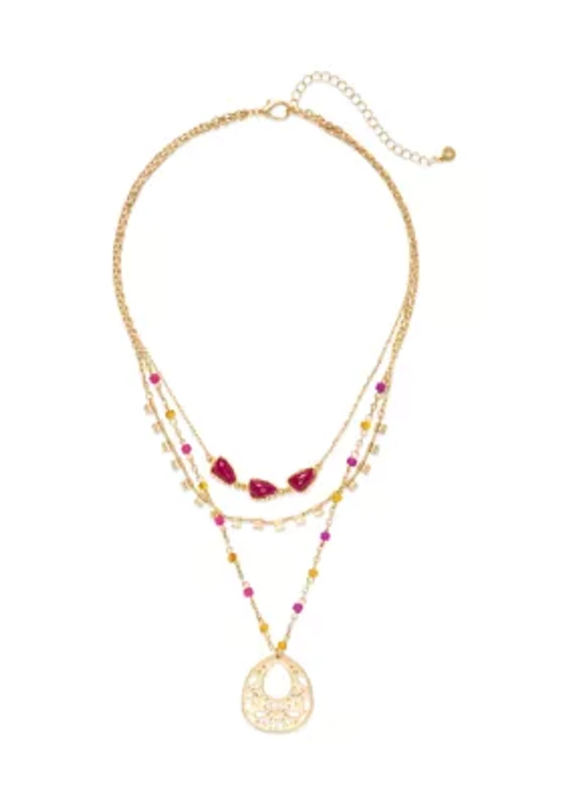 Multi-Bead Three Row Pendant Necklace