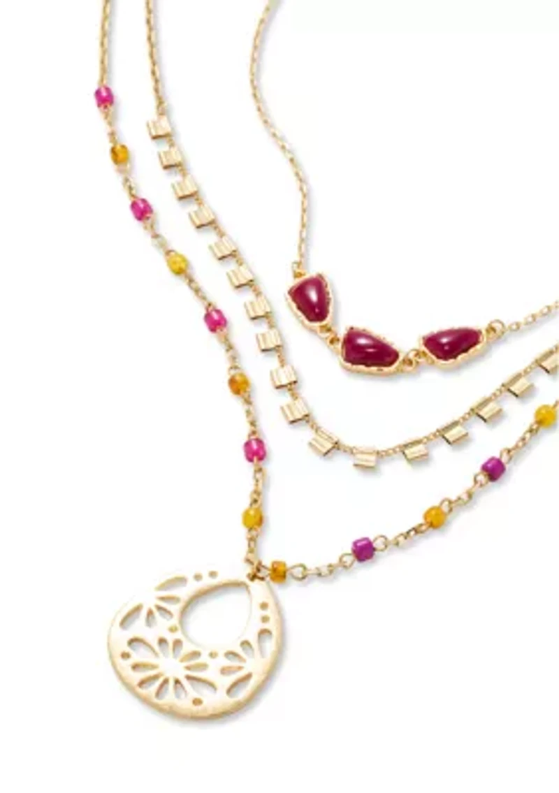 Multi-Bead Three Row Pendant Necklace