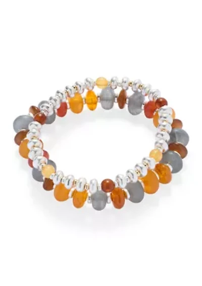 Multi Bead Silver Tone Stretch Bracelet Set