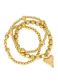 Beaded Heart Pendant Stretch Bracelet Set