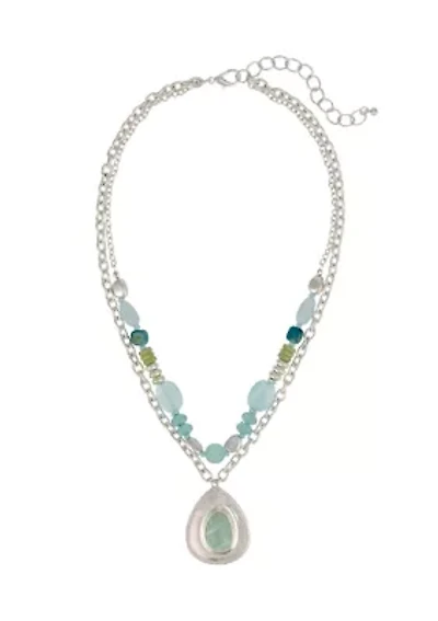 Silver Tone Chain and Bead Necklace with Teardrop Pendant