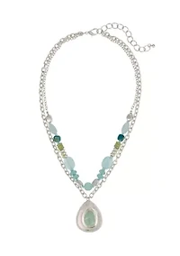Silver Tone Chain and Bead Necklace with Teardrop Pendant