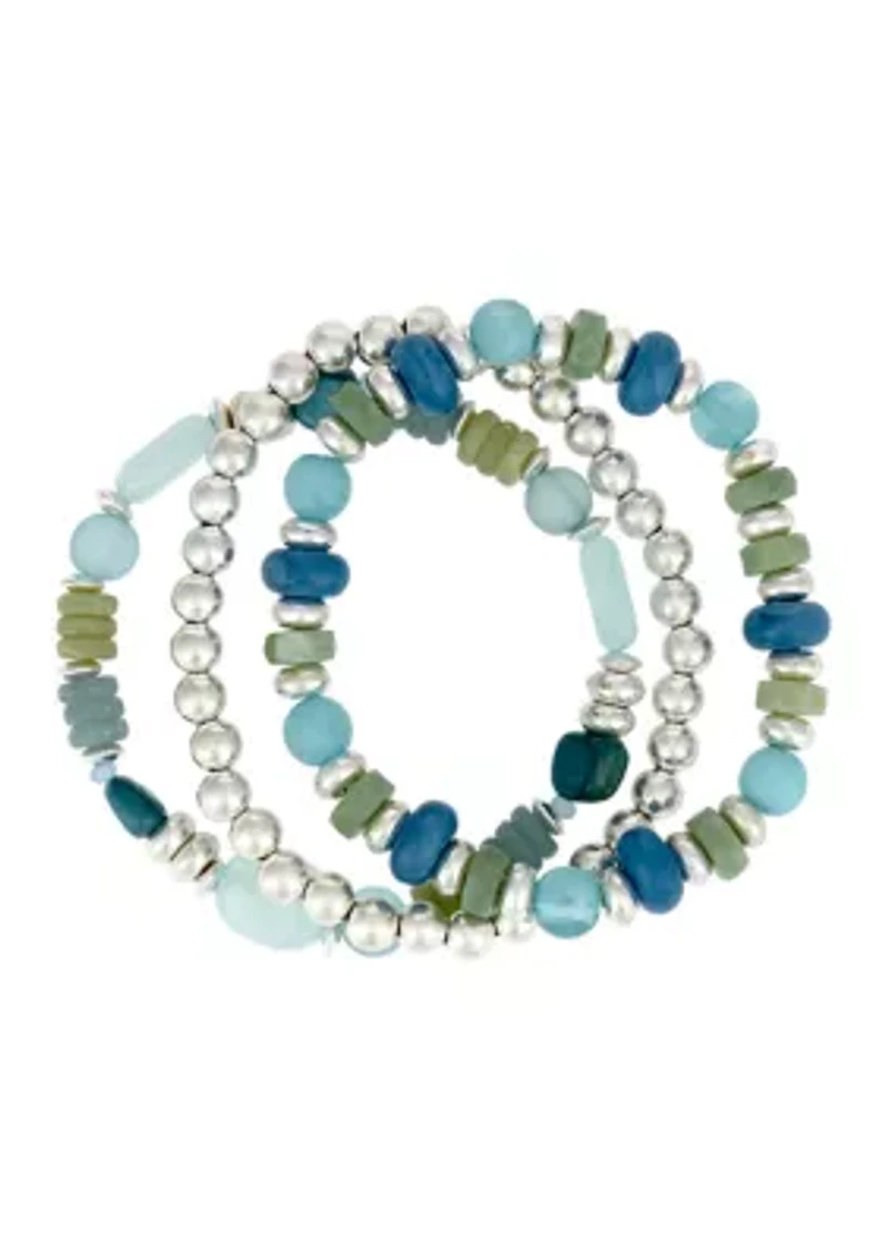 Silver Tone Three Row Multi-Bead Stretch Bracelet