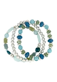 Silver Tone Three Row Multi-Bead Stretch Bracelet
