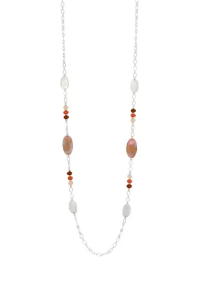 Pink Multi Long Silvertone Station Necklace