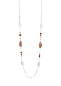 Pink Multi Long Silvertone Station Necklace