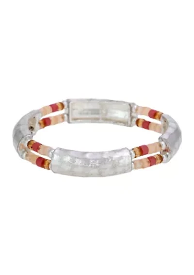 Multi Beaded Silver Tone Stretch Bangle Bracelet