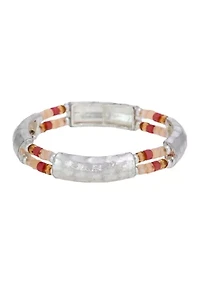 Multi Beaded Silver Tone Stretch Bangle Bracelet