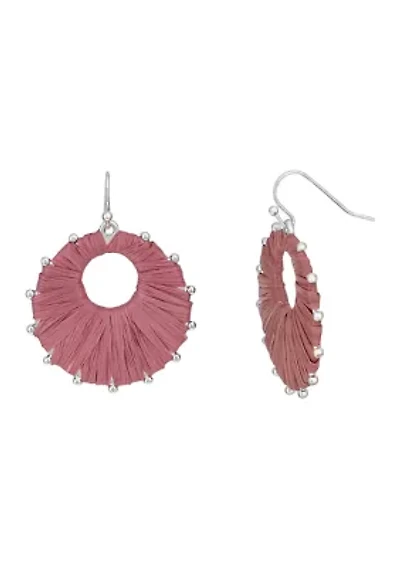 Pink Thread Wrap Silver Tone Donut Earrings 