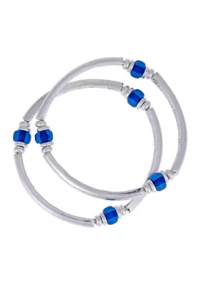 Blue Beaded Accent Stretch Bangle Bracelet Set
