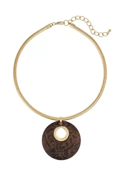 Textured Dark Wood Pendant Necklace 