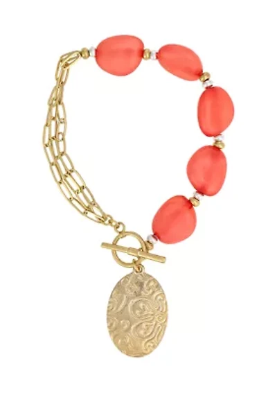 Coral Beaded Gold Tone Pendant Chain Bracelet 