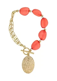 Coral Beaded Gold Tone Pendant Chain Bracelet 