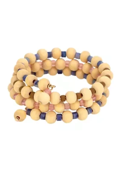 Natural Wood Multi Colored Beaded Coil Bracelet  