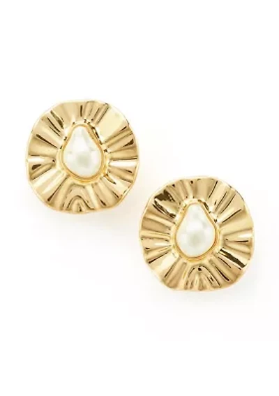 Textured Coin Pearl Button Clip On Post Earrings
