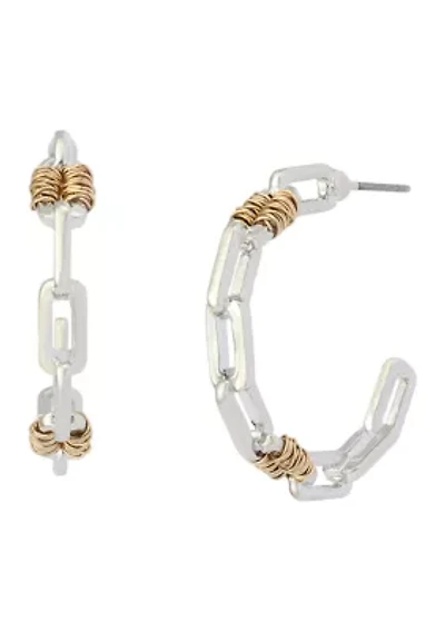Two Tone Wire Chain C Hoop Earrings 