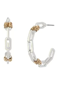 Two Tone Wire Chain C Hoop Earrings 