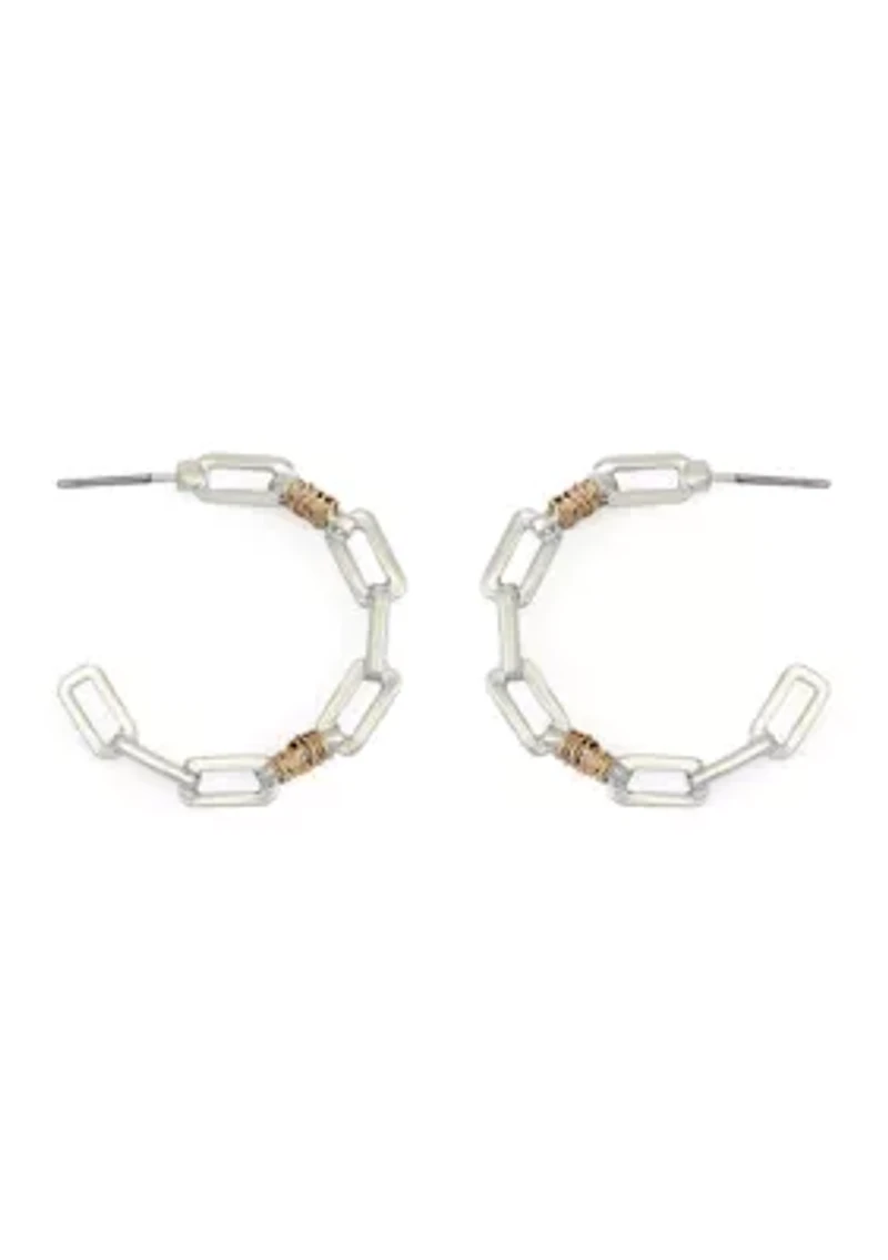 Two Tone Wire Chain C Hoop Earrings 