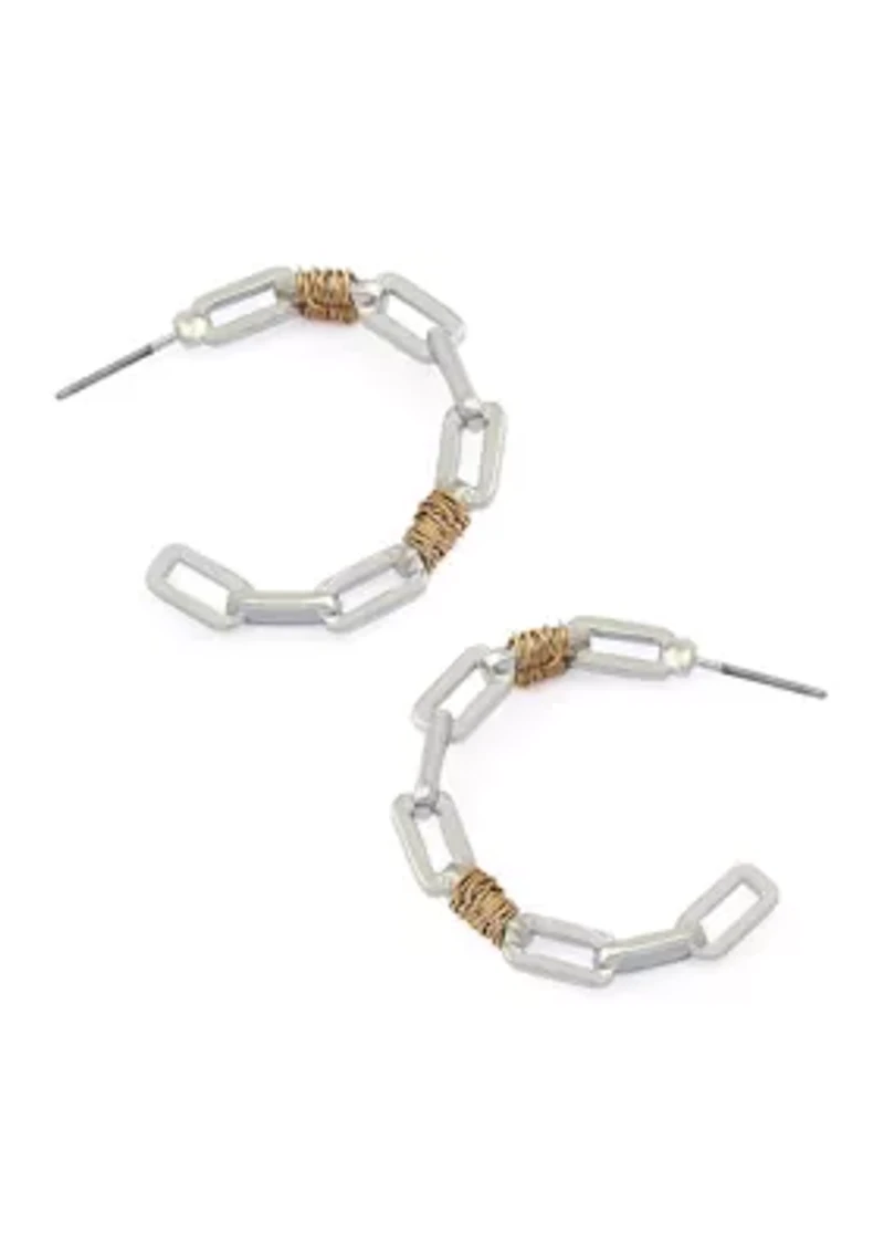 Two Tone Wire Chain C Hoop Earrings 