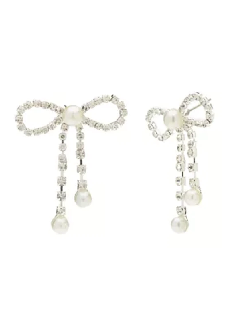 Silver Open Bow Pearl Drop Earrings