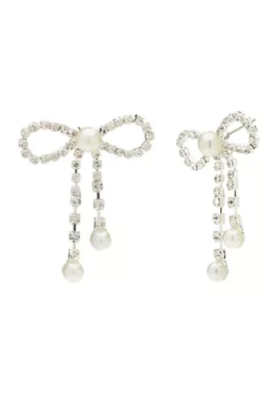 Silver Open Bow Pearl Drop Earrings